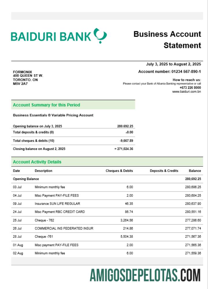 Realista Baiduri Bank Extrato de conta comercial modelo Word e PDF